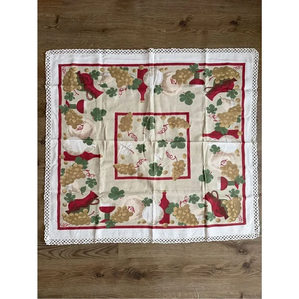 Vintage Grapes & Wine Table Cloth in Red, Green, Gold on Cream